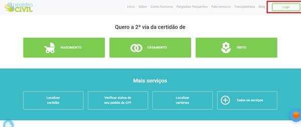 BOTAO DE LOGIN CERTIDOES DE REGISTRO CIVIL
