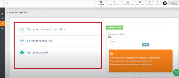 OPCOES DE PAGAMENTO COMPRAR CREDITOS UP CONSULTAS