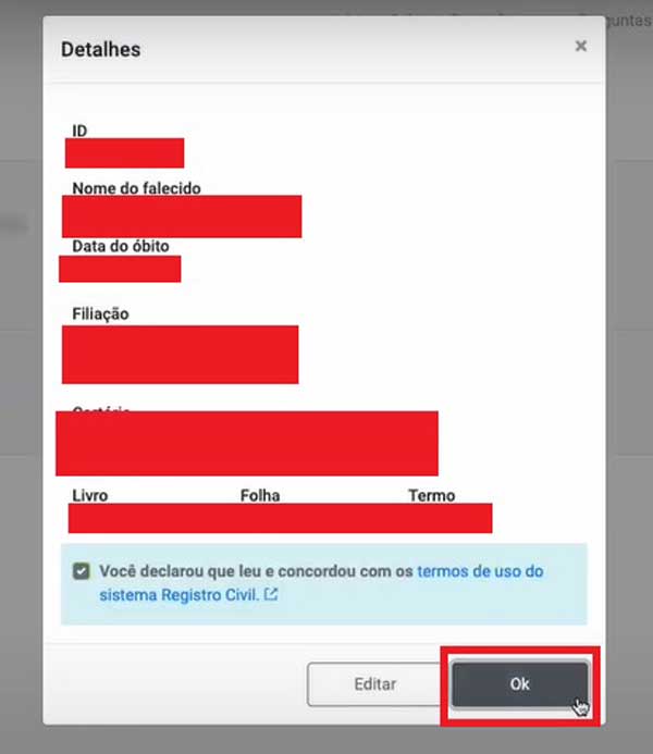 VERIFICAR OS ITENS NO CARRINHO DE COMPRAS CERTIDAO DE OBITO