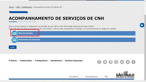 MEU DOCUMENTO ACOMPANHAMENTO CNH DETRAN SP